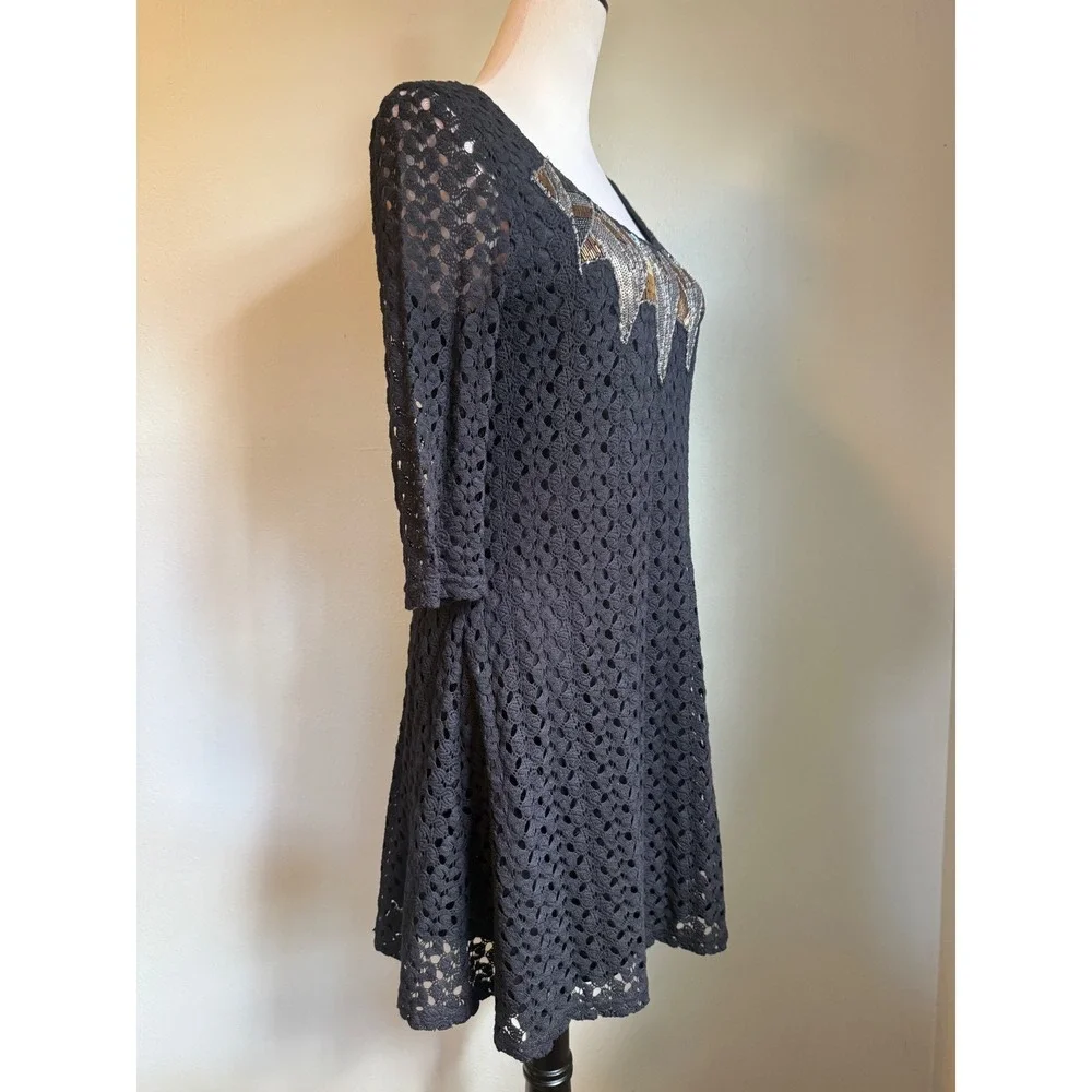 Miss Me Black Crochet Lace Beaded Sequin mini Dress Small dainty whimsigoth boho
